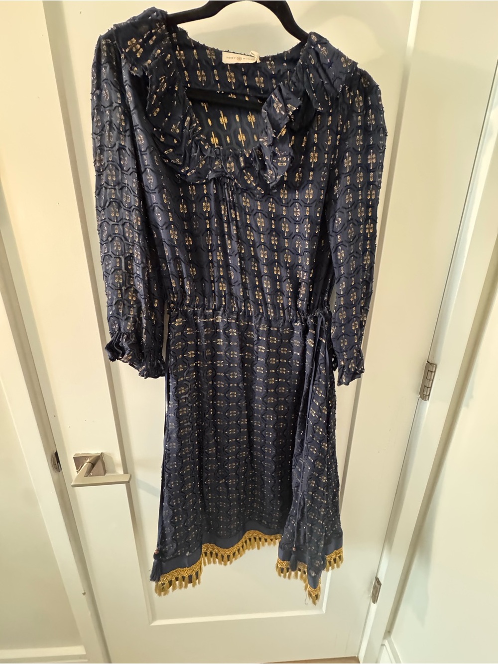 Tory Burch Navy Blue Patterned Midi Dress with Gold Trim